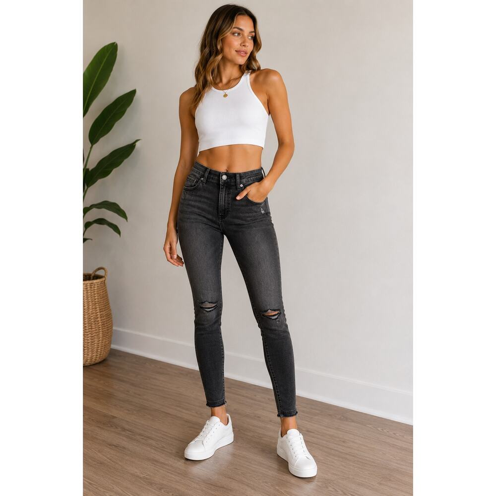 Express Jeans Ankle Legging High Rise Size 4R Black Washed Distressed Skinny